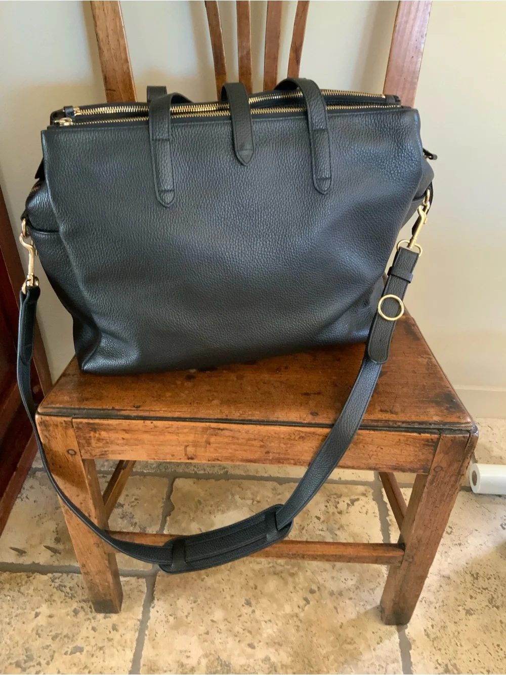 Cuyana Black Leather Triple Zipper Travel Tote with Gold Hardware Accents